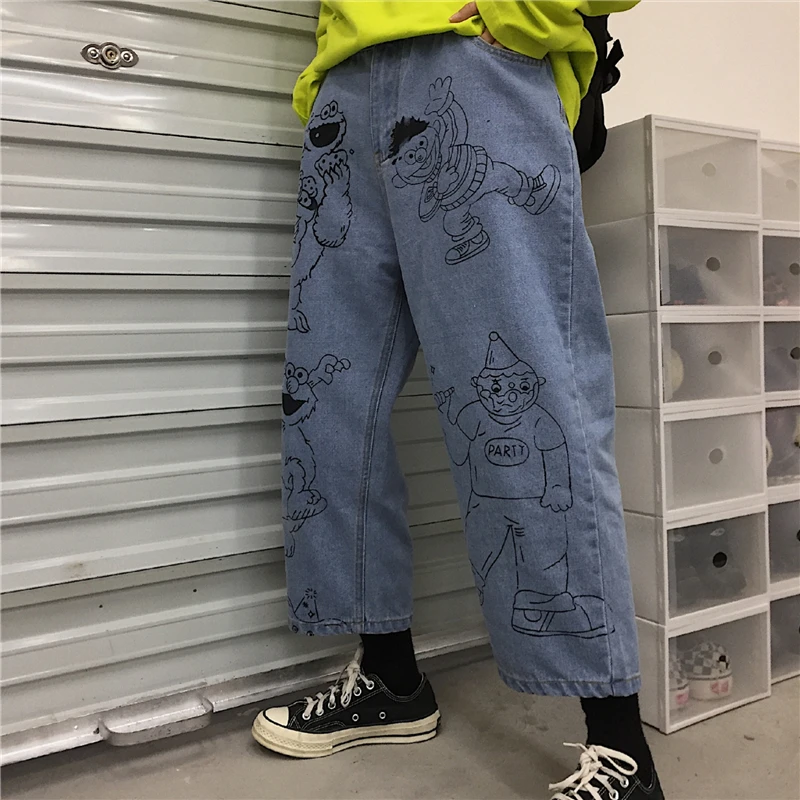 Весенне-летняя винтажная детская одежда с мультяшными узорами свободные широкие брюки повседневные Укороченные прямые брюки женские и мужские уличная одежда