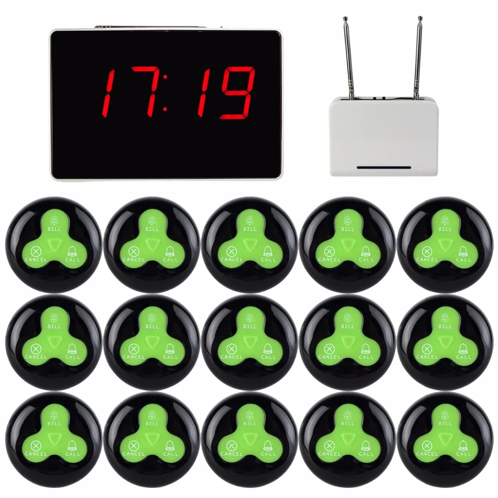 

Restaurant Waiter Call Pager Voice Reporting Broadcast Calling System 1 Receiver Host + 1 Signal Repeater 15 Call Button F3294A