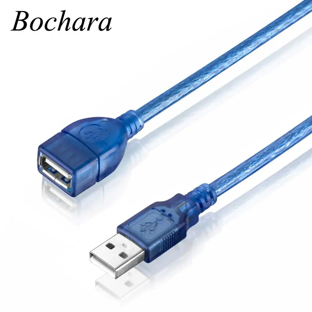 Bochara USB 2,0 кабель-удлинитель папа-мама M/F двойное экранирование(фольга+ Плетеный) Прозрачный синий 1,5 м 1,8 м 3 м 5 м 10 м