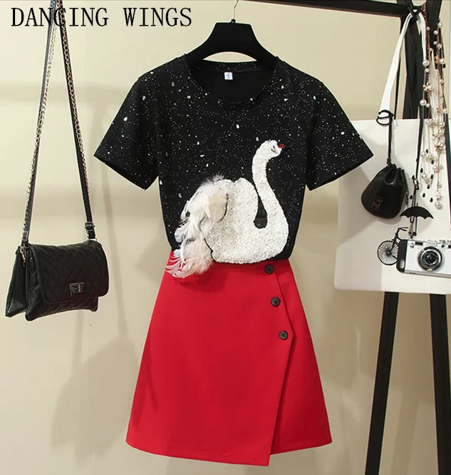 

Fashion Summer Women's Suits Sweet Swan Embroidery Short Sleeve T-shirt Tops + Red A-line Short Skirt Suits
