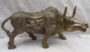 

xd 002145 13" Folk Chinese Bronze Copper Wealth Flower Dragon Kylin Cai Fu Bull Ox Statue