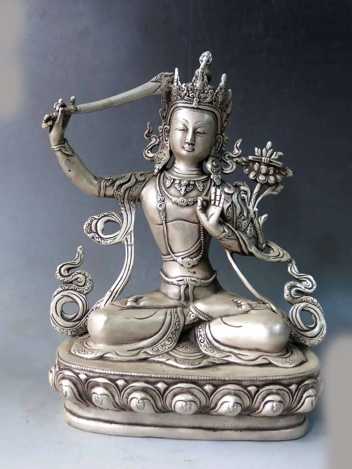 

11" China silver carved Buddhism Kwan-yin Manjusri Bodhisattva buddha Statue