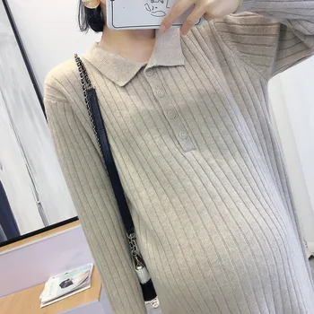 

Maternity Women Autumn Turn-down Collar Long Sleeve Ankle Length Dress New Moms Pullover Fashion Side Slit Sweater Dresses