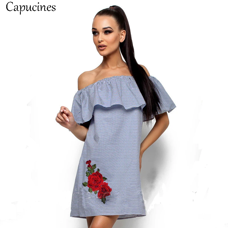 

Capucines Sexy Off the Shoulder Embroidery Appliques Horizontal Stripes Dress Summer Women Casual Slash Neck Straight Dress