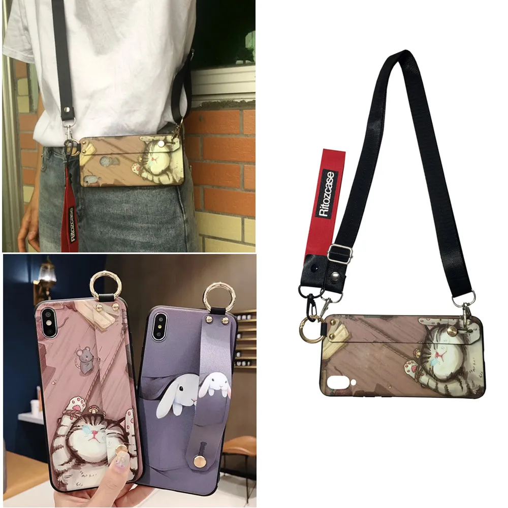 

pocket rabbit cat shoulder strap silicone case for iphone 7 8 6 6s plus XR X XS MAX case cover cute cartoon wristband holder sof