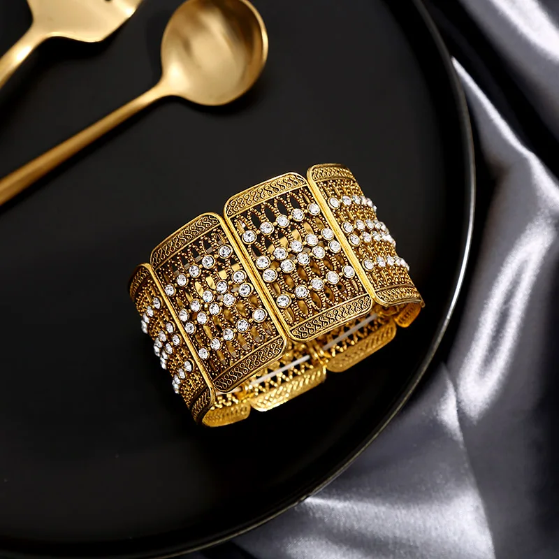 Бренд Crazy Feng, модные ювелирные изделия золотистого цвета, растягивающийся браслет и браслет для женщин, широкие хрустальные браслеты, Прямая поставка
