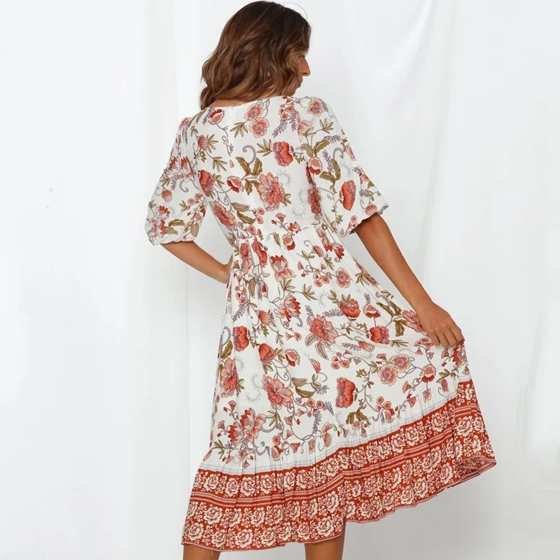 Платье женское Богемия пляжное платье Цветочный Распечатать платья летнее элегантный миди сарафан платья женские
