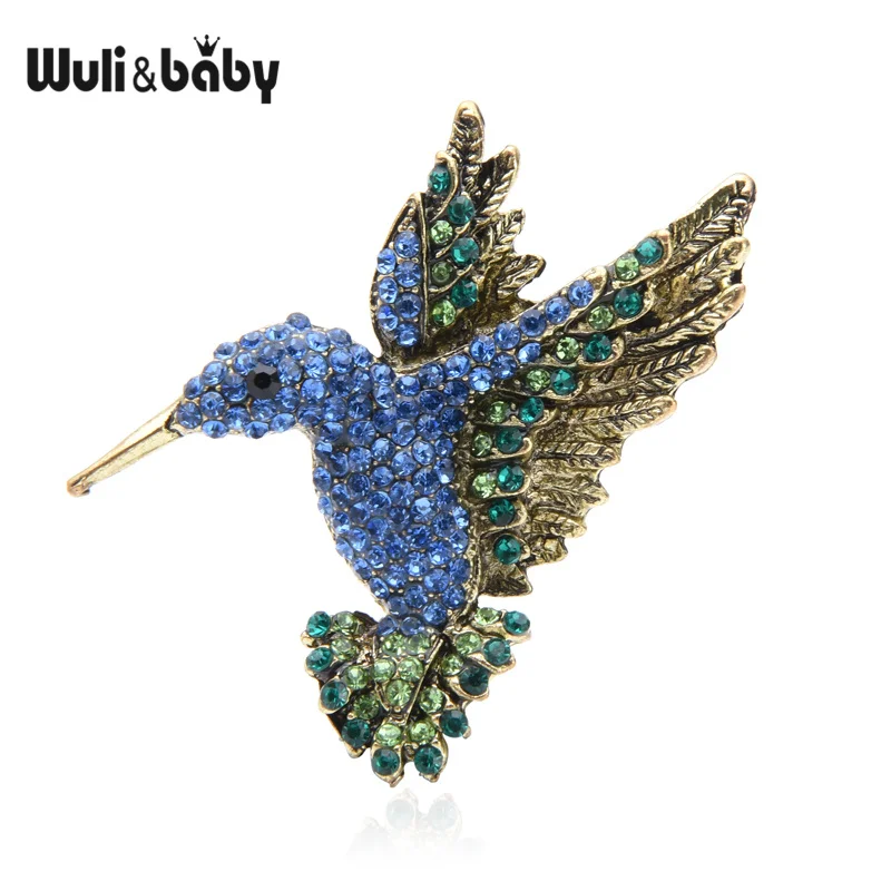 Wuli&baby, розовый, синий, стразы, колибри, броши для женщин и мужчин, Винтажная брошь в виде животного, булавки, подарки - Metal color: blue