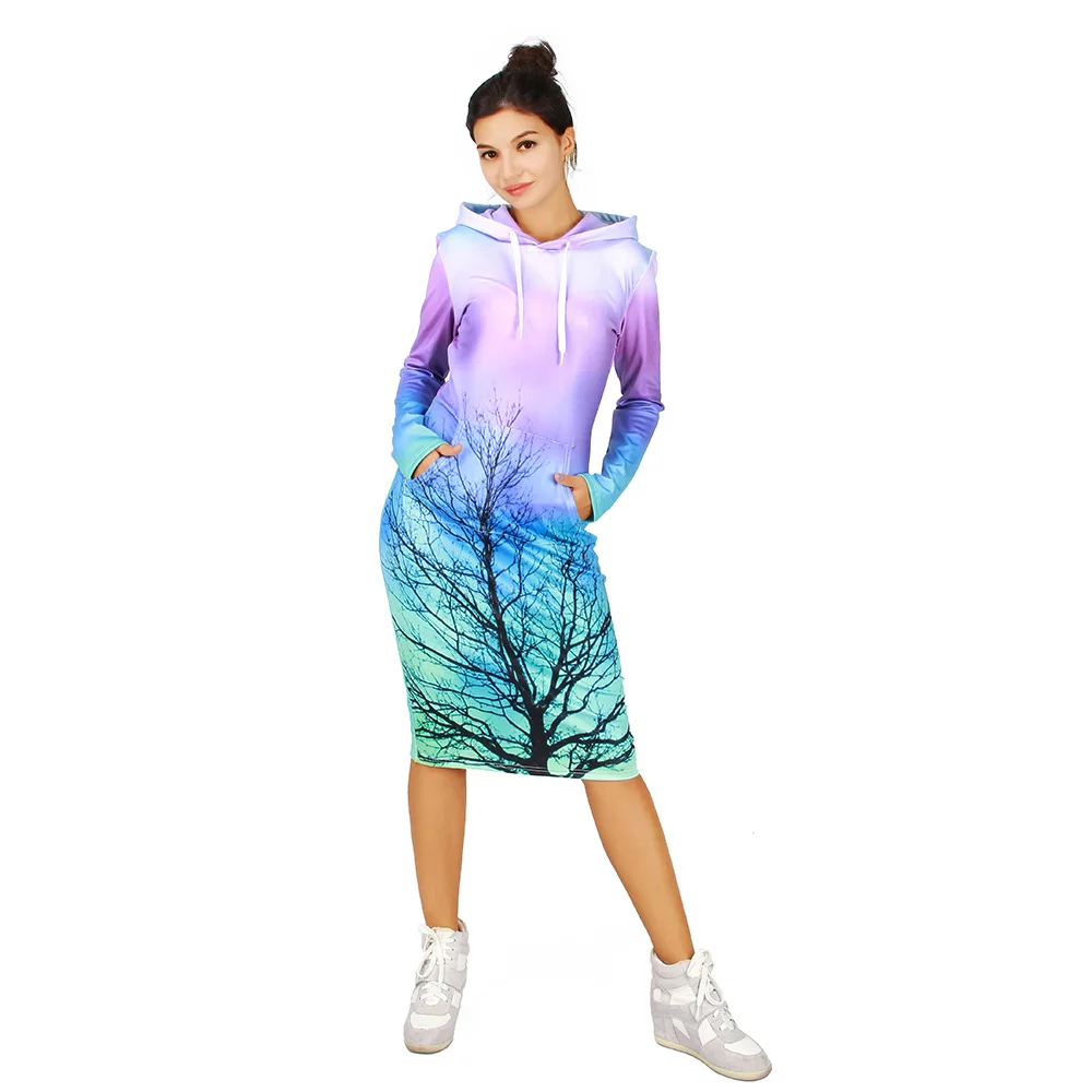 

Plus Size Thicken Hoodies Dresses Autumn Winter 3D Aurora Tree Print Long Sleeve With Pocket Tracksuit Hooded Sweatshirt Dresses