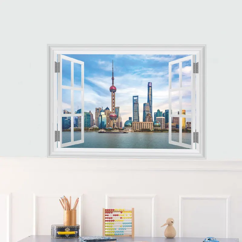 Oriental Pearl Tower 3d поддельные наклейки окна стены Гостиная Украшения в спальню