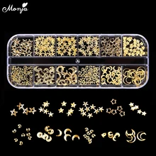 Monja 12 siatka mieszany styl Nail Art księżyc gwiazda złoto metalowe ćwieki gwoździe 3D DIY urocza dekoracja akcesoria(China)
