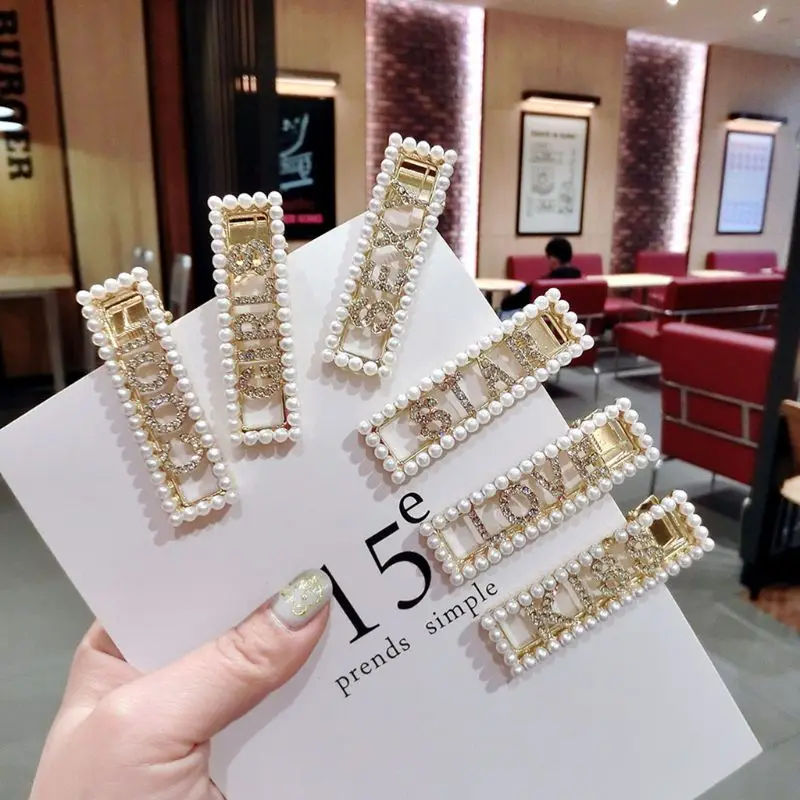 

Cute Girls Hairpin Hollowed Small Beads Rectangular Hair Clips Sweet English Letter-studded Artificial Pearl Bangs Clip