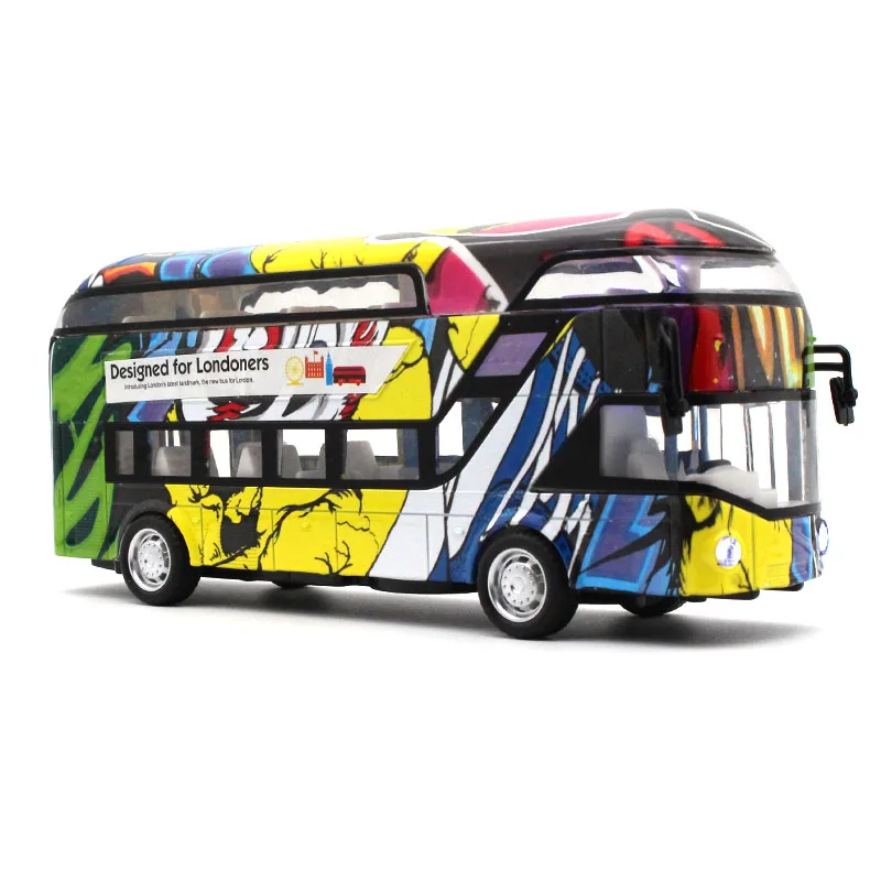 

kids toys Car model Graffiti double decker bus Sound and light pull back Collection decoration Metal toy car