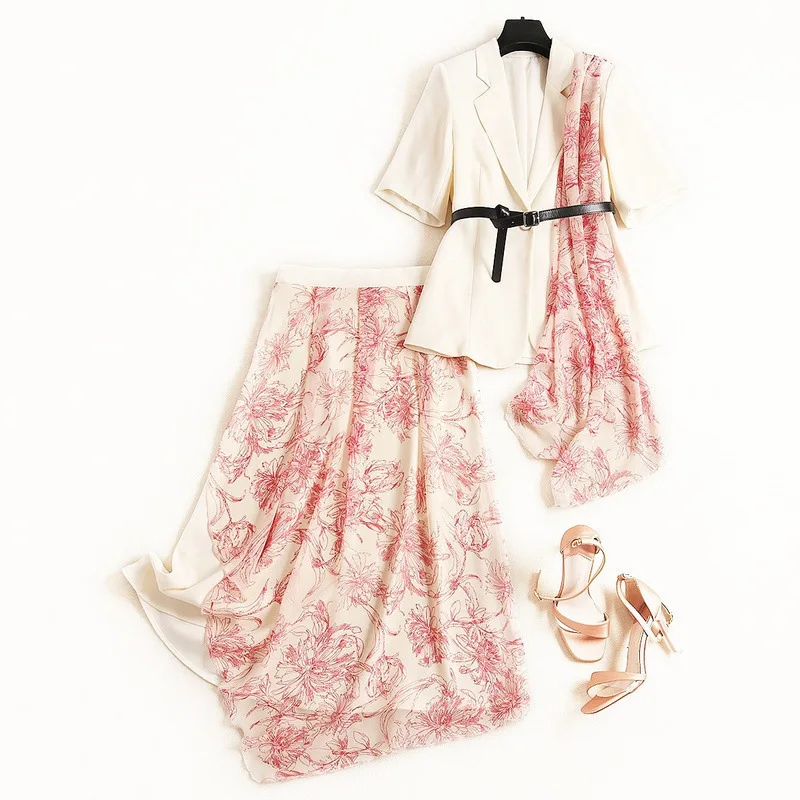

Womens 2019 summer clothes patchwork blazer suit short sleeve jacket chiffon asymmetric skirts office two piece outfits