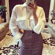 Blusas Direct Selling Regular Women Shirts 2017 Autumn New Fold Sleeves Loose Shirt Women Cotton And Lapel Double Pocket Female