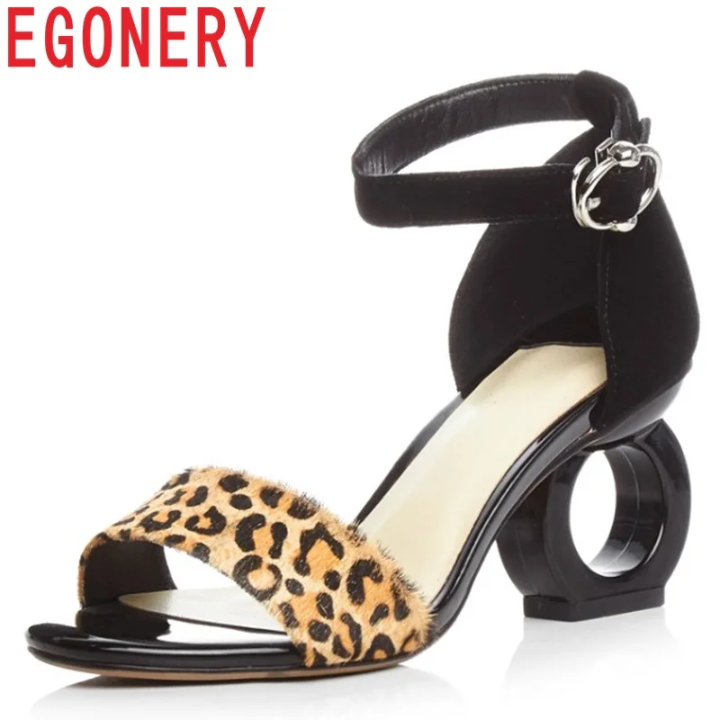 

EGONERY horse hair Frosted sheepskin Genuine woman Sandals summer Leopard party sexy Fretwork High heels Ankle Strap women shoes