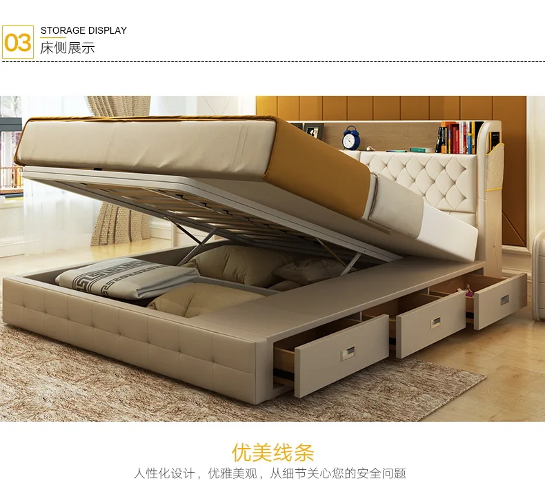 Marco de cama de cuero genuino con cajones de almacenamiento camas suaves modernas muebles de dormitorio cama de dormitorio camas quarto Marco de cama de cuero genuino con cajones de almacenamiento camas suaves modernas muebles de dormitorio cama de dormitorio camas quarto