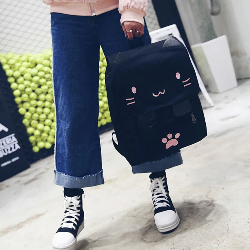Women Cute Cat Backpack Canvas Girl School Backpacks Kawaii Cartoon Large Capacity Student Rucksack Lovely Casual Mochila BP0200 (12)