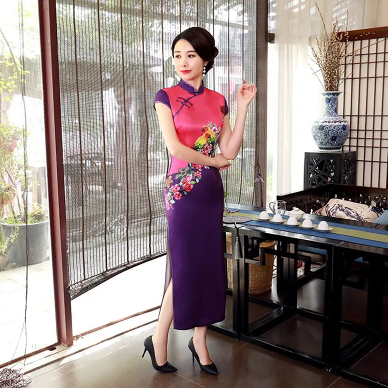 2019 Cheongsam Атлас печати Qipao платье Винтаж улучшилось осень Традиционный китайский длинные платья Мать Вечерние свадебное платье