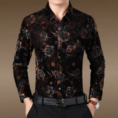 Красивый 3d Цветочный узор модная повседневная Роскошная рубашка с длинным рукавом Осень качественная бархатная мягкая удобная мужская рубашка M-XXXL - Цвет: as picture