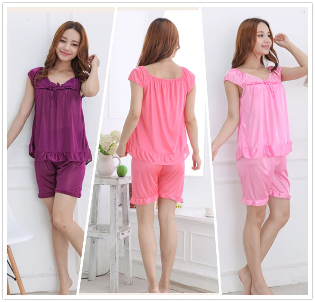 Smooth Cool Ice Silk Women Sleepwear Pajama Set Nightwear Shirt