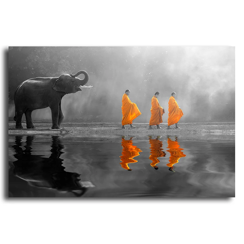 

Black and white zen Elephant and buddha art Oil Painting on Canvas yellow Art Modern Wall Picture for Living Room Decor Office