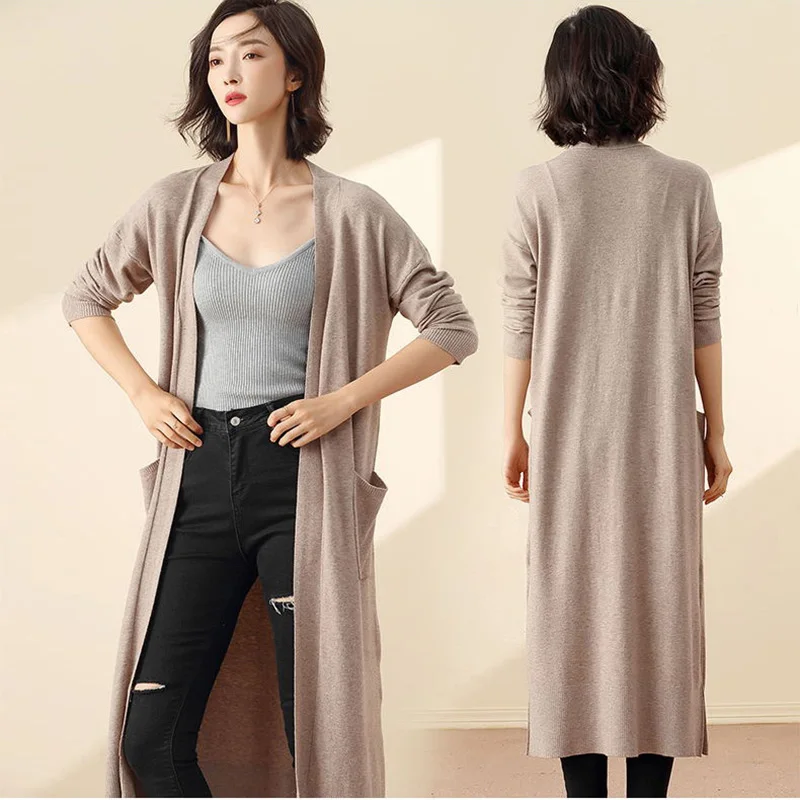 

Women Long Cardigan Sweater 2019 New Fashion Autumn Woolen Knitted Female Extra Long Kimono Cardigan With Pocket Coat Jackets