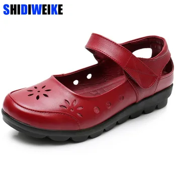 

Summer Hollow Out Women Flats Original Genuine Leather Shoes Round Toes Handmade Vintage Ladies Mary Janes Flat Shoes n825