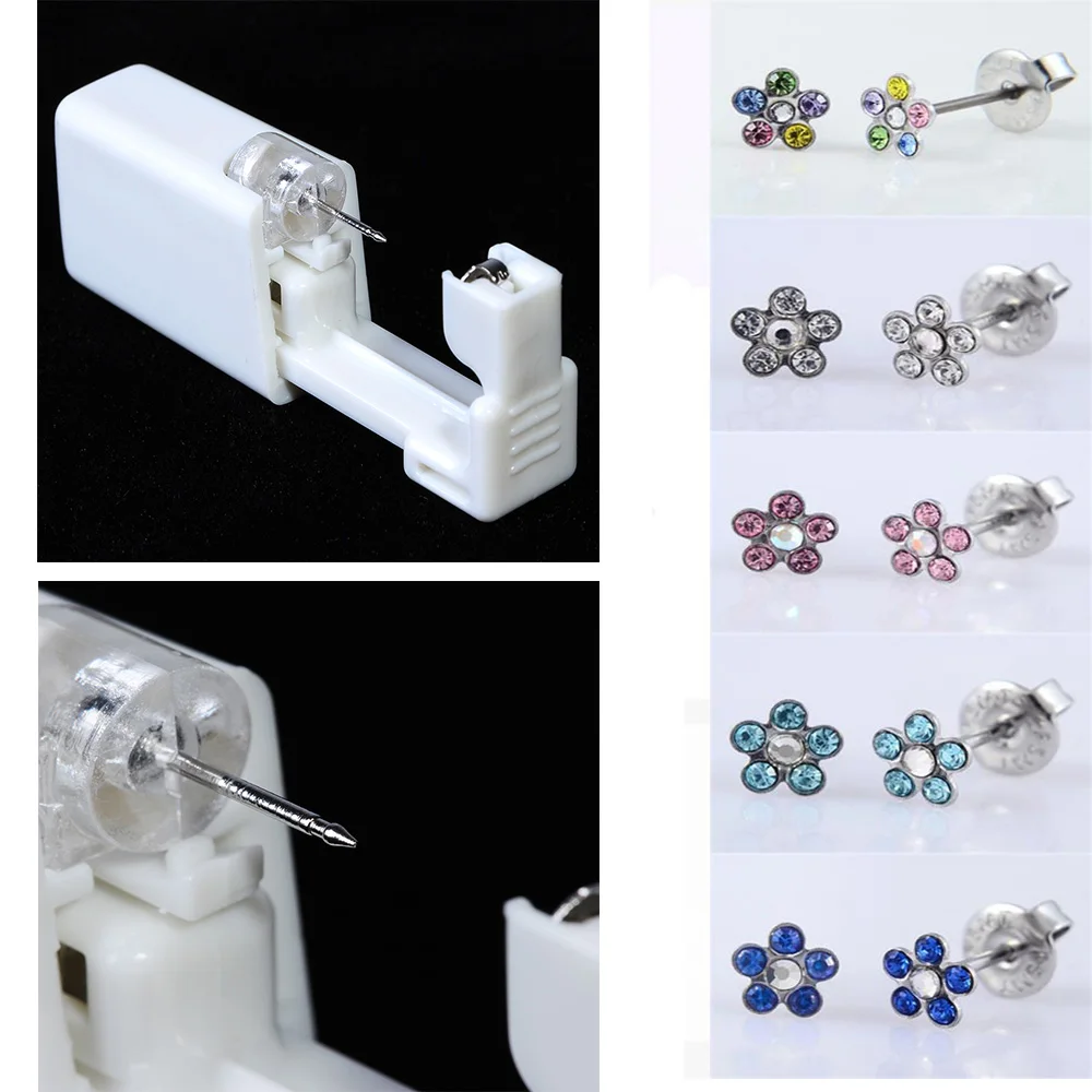 

Daisies Flower Sterlised Disposable Safety Nose Ear Piercing Device+Sterile Bezel Crystal Studs Body Jewelry