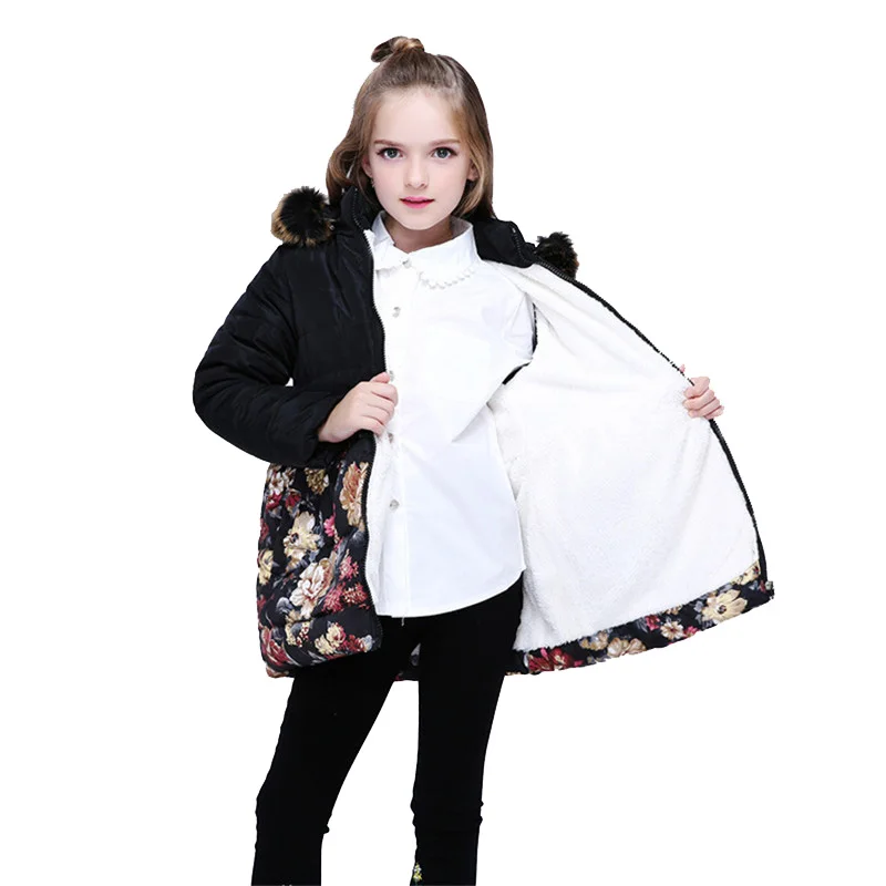 

2018 New Teenager Girls Winter Long-Cotton-Padded Jacket for Baby Kids Fur Collar Detachable Cap Wadded Jackets Coat Clothes
