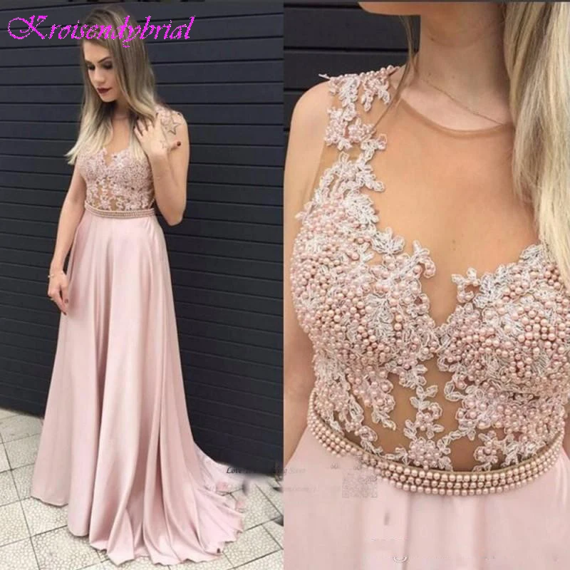 

DZW268 Pink Formal Party Dress abiye abendkleider robe de soiree Evening Dress Appliques Long Formal Dresses Beaded Chiffon