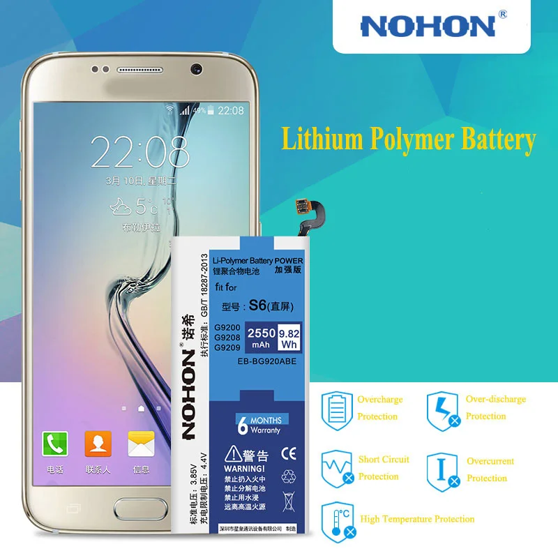 Оригинальный аккумулятор Nohon для samsung Galaxy S6 G920 G920F G920i Сменный 2550 мАч бесплатный