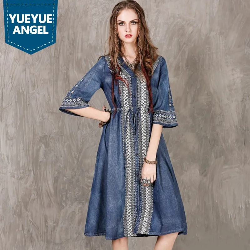 

Vintage Embroidery Women Fashion Indie Folk Half Sleeve Dress Jean Denim Female V-Neck Single Breasted Slim Vestidos Robe Femme
