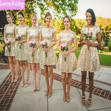 Cheap but Elegant Gold Sequin Bridesmaid dresses Simple Cap Sleeves Mini Prom Party Dresses Junior Vestidos De Curto