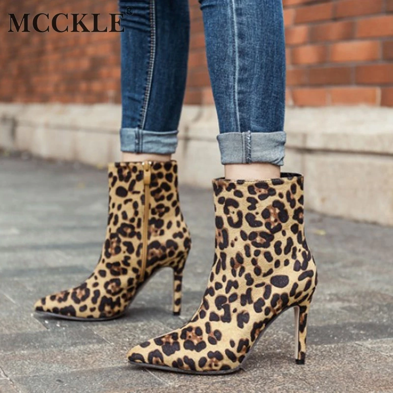 

MCCKLE Women's Ankle Boots High Thin Heels Fashion Autumn Female Leopard Print Pointed Toe Booties Ladies Sexy Zipper Botas New
