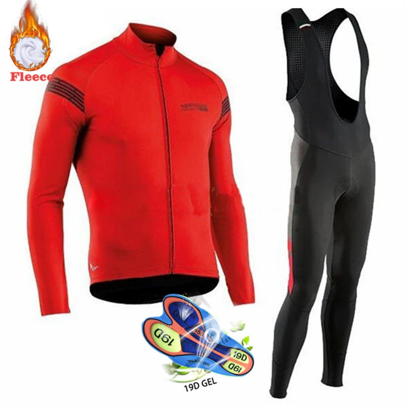 Pro Team NW Winter Thermal Fleece Cycling Clothes Men Northwave Jersey Suit Outdoor Riding Bike MTB Clothing Bib Pants Set - Цвет: 2