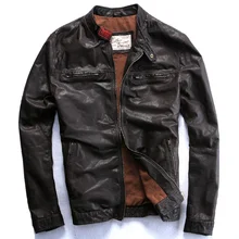 Фабрика новая мужская натуральная мотоциклетная кожаная куртка черный/коричневый стоячий воротник растительного дубления козьей кожи байкерские куртки