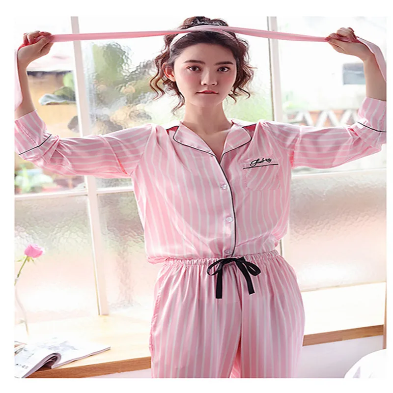 Розовый Полосатый пижамы шелковый атлас Femme пижамный комплект 7 шт. стежка Неглиже для женщин пижамы pjs