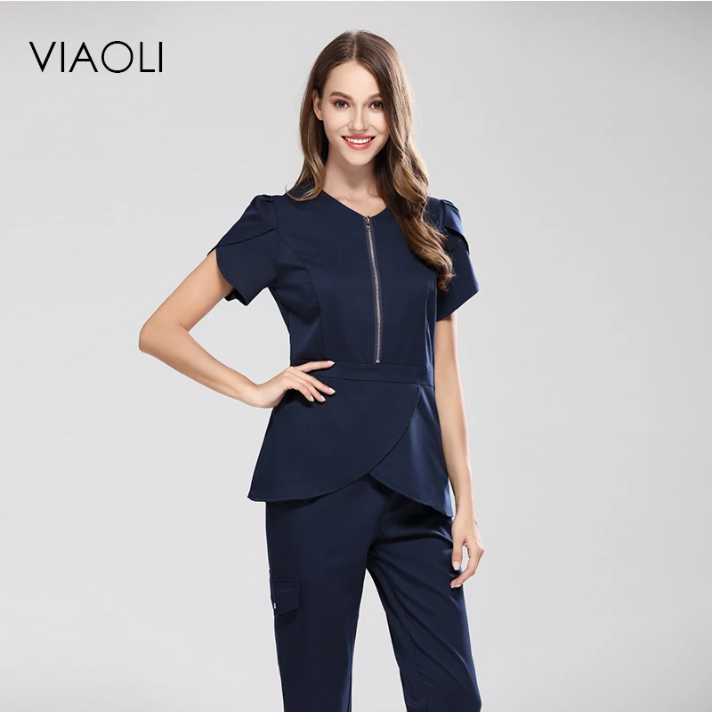 

Viaoli 2017 center metal zipper spa medical beauty scrub set medical srub uniforms set repeition suits