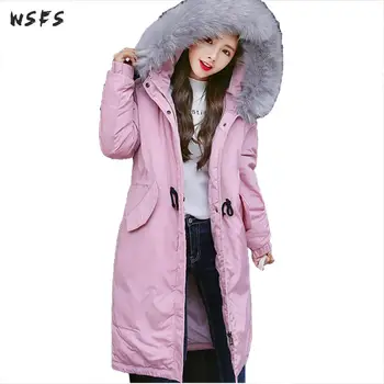

Winter Cotton-padded Clothes Black Gray Red Parkas Hooded Faux Fox Fur Full Sleeve Warm Women 2018 Oversize Overcoat Outerwear