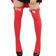 Красные колокольчики с бантиками, сексуальные бедра, однотонные, непрозрачные, рождественские, взрослые, женские, ролевые костюмы, перьевые чулки