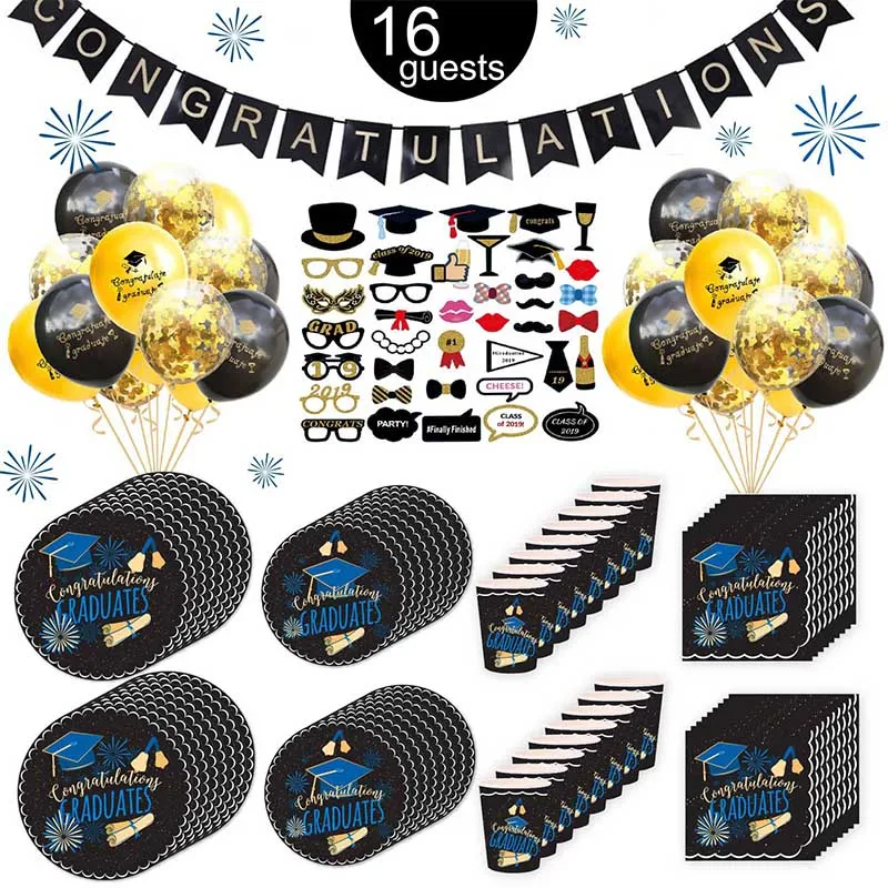 

ZOPHIL Graduation 2019 Party Decoration Set Paper Straw Dish Banner Photo Booth Props Latex Confetti Balloons for 16 Guests