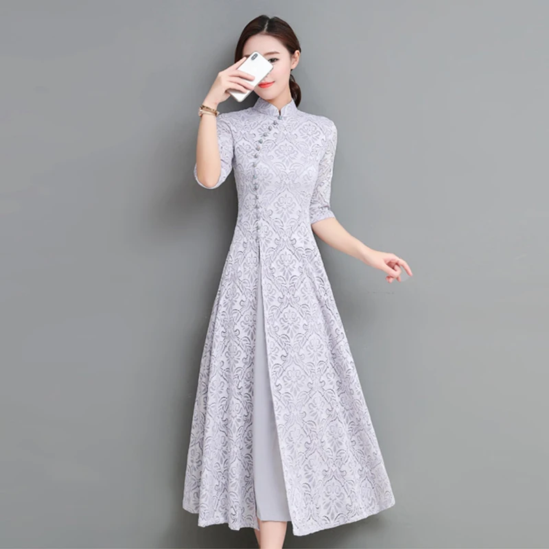 2019 летнее платье пачка для женщин с кружевной отделкой и длинными Cheongsam модные
