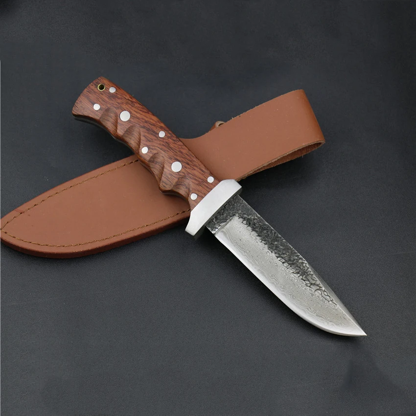 wholesale pattern Damascus steel manual forged straight knife 62HRC hardness outdoor self-defense knife hunting