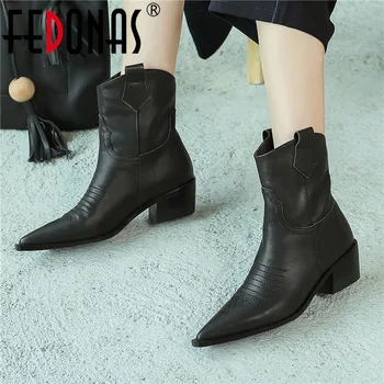 

FEDONAS Fashion Pointed Toe High Heels Women Ankle Boots Slip On Western Boots Genuine Leather Short Boots Party Shoes Woman
