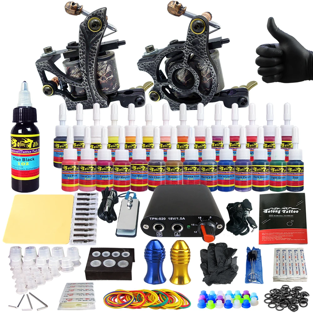 

Tattoo Kit 2 Tattoo Machine Guns Set 28 Color Pigment Power Box Needle TK204-24