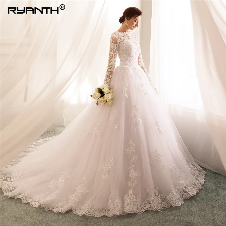 Long Sleeves Wedding Dresses 2019 Lace A Line Wedding Gowns Sexy Sheer New Arrival Bride Dress Robe De Mariee Vestido de Noiva