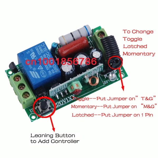 

220V 1CH(channel) 10A Wireless Remote Switch main board Wireless Receiver Learning code 315Mhz/433Mhz optional