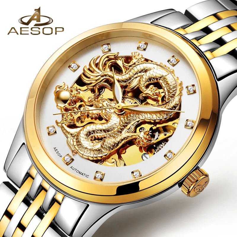 

AESOP Watches Men Luxury Brand Skeleton Automatic Self-Wind Diamond Luminous Chinese Dragon Golden Relogio Masculino
