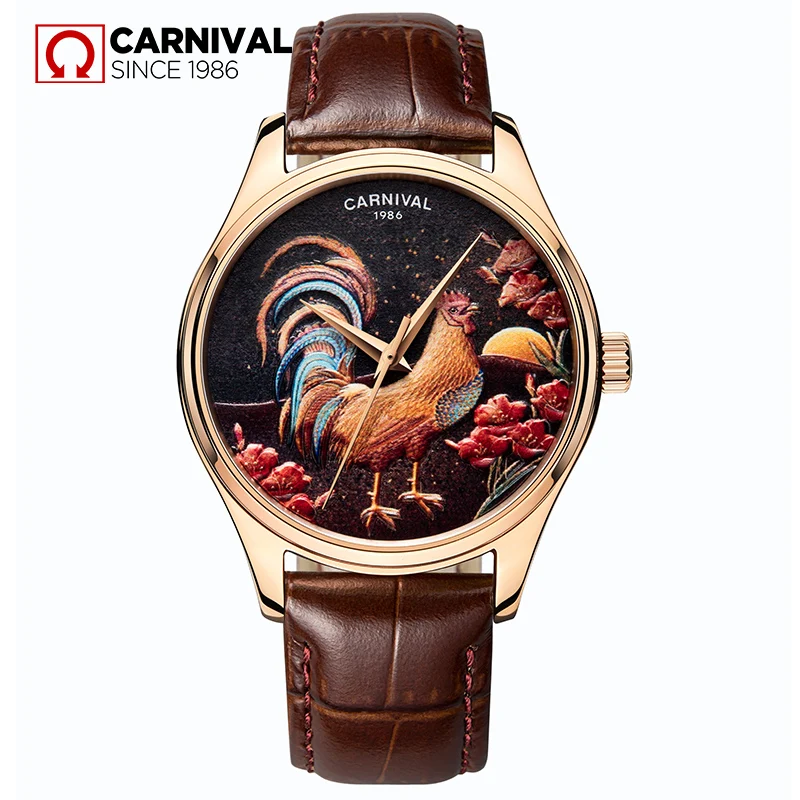 

Fashion Watch men Top brand CARNIVAL Mechanical watch with 3D Relief Cock Dial Leather strap Sapphire Waterproof Montre homme